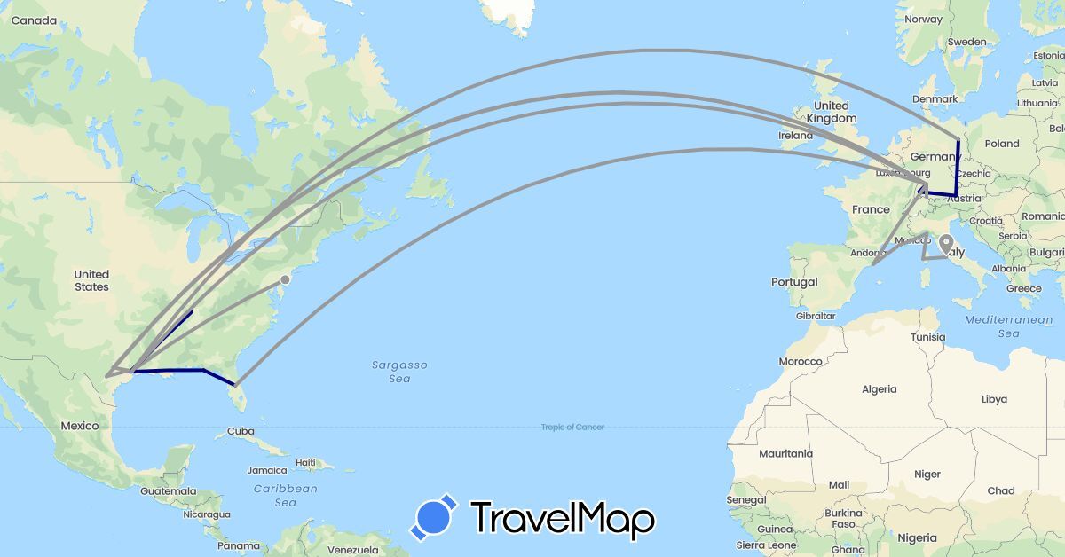 TravelMap itinerary: driving, plane in Austria, Germany, Spain, France, Italy, Monaco, United States (Europe, North America)